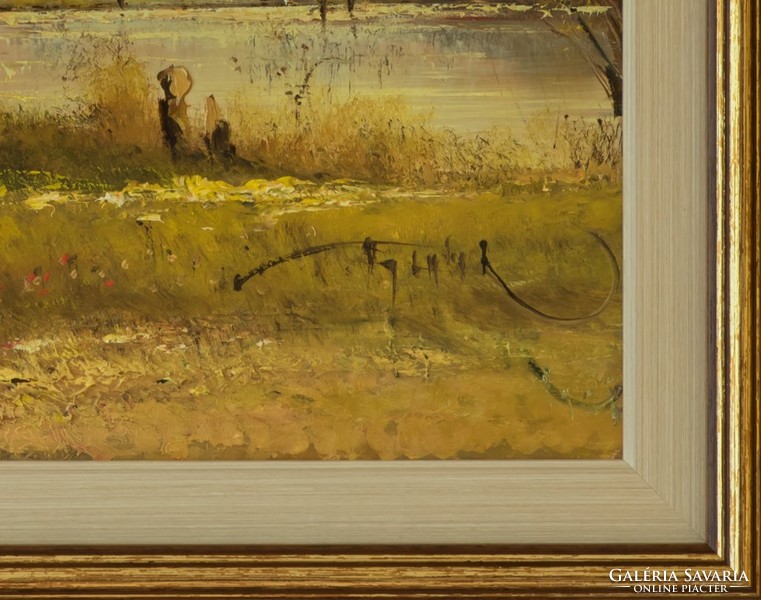 JAKUBIK ISTVÁN, ŐSZI TÓPART - HANGULATOS TÁJKÉP, 40x60 CM, OLAJFESTMÉNY