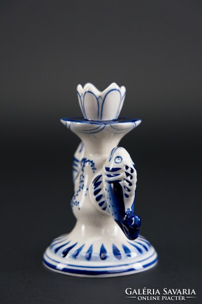 Gzsel (Гжeль) orosz porcelán, gyertyatartó, jelzett.
