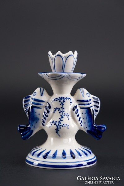 Gzsel (Гжeль) orosz porcelán, gyertyatartó, jelzett.
