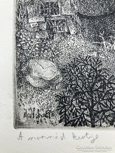 Berki Viola (1932-2001): A szomszéd kertje, jelzett rézkarc, 1984 - Rézkarcoló Művészek