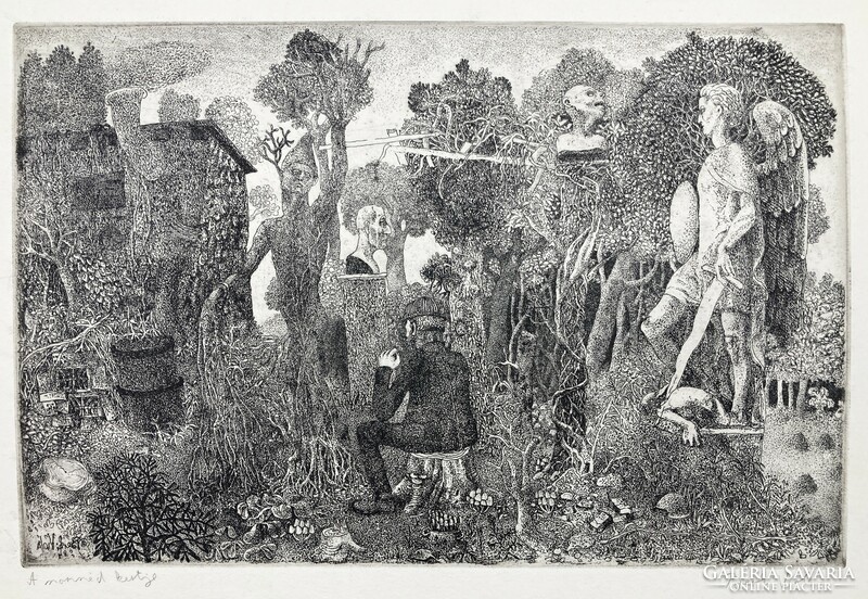 Berki Viola (1932-2001): A szomszéd kertje, jelzett rézkarc, 1984 - Rézkarcoló Művészek