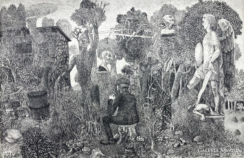 Berki Viola (1932-2001): A szomszéd kertje, jelzett rézkarc, 1984 - Rézkarcoló Művészek