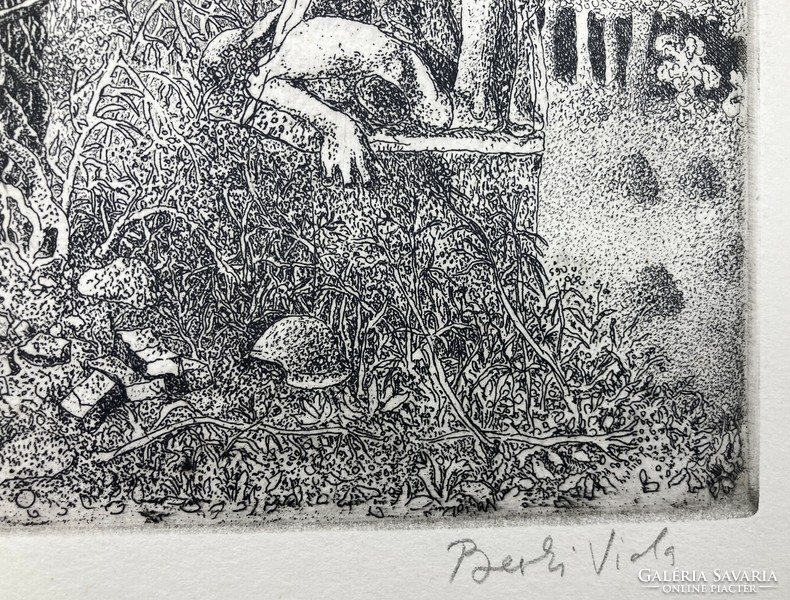 Berki Viola (1932-2001): A szomszéd kertje, jelzett rézkarc, 1984 - Rézkarcoló Művészek