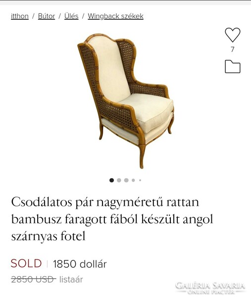 Angol rattan betétes füles fotel , bambusz mintára faragott fából készült