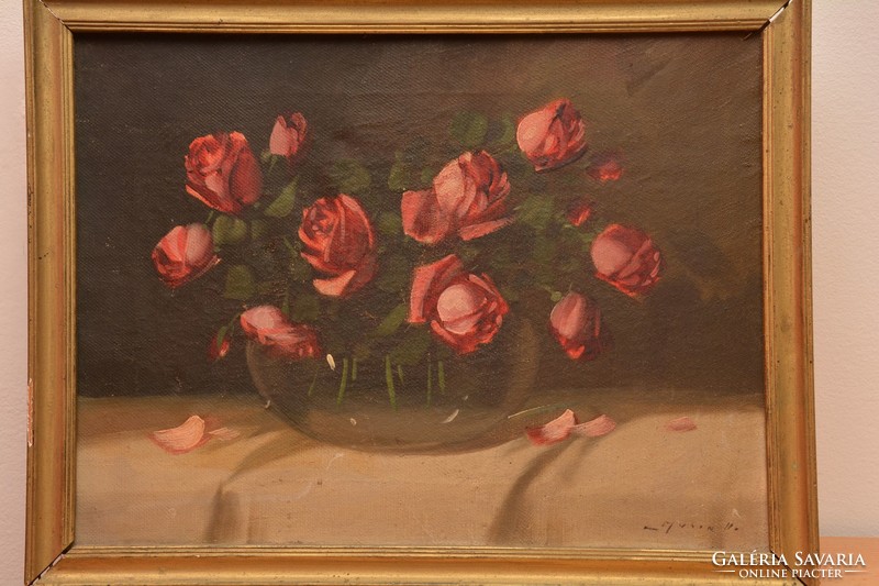 Vilmos Murin (1881-1952) Bouquet of roses in a glass vase