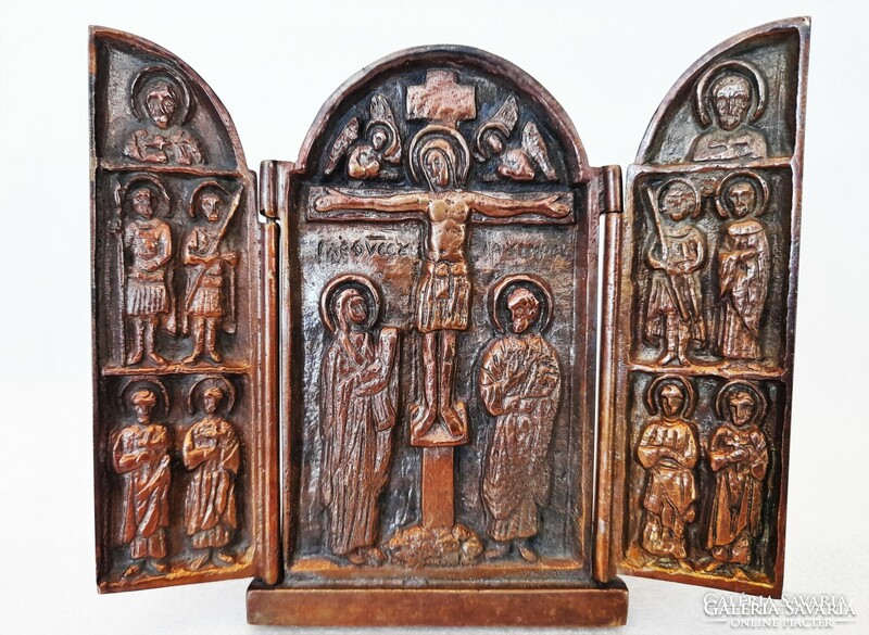 Modern bronz álló triptichon ikon