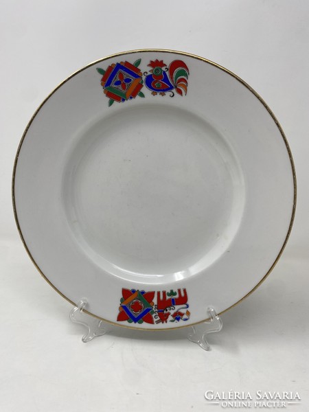 Retro Lomonosov porcelán lapos tányér kék, piros, zöld színű kakas és kecske díszítéssel RZ