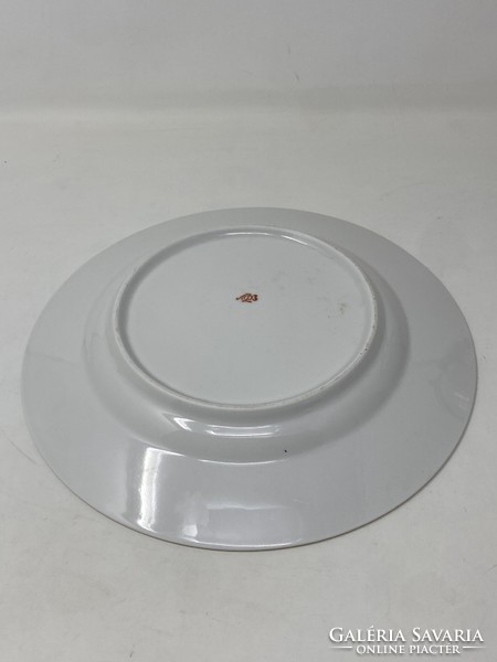 Retro Lomonosov porcelán lapos tányér kék, piros, zöld színű kakas és kecske díszítéssel RZ