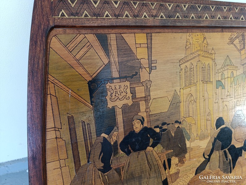 Antik art deco bútor fa paraván térelválasztó kontúr égetett festett holland motívummal 777 9495