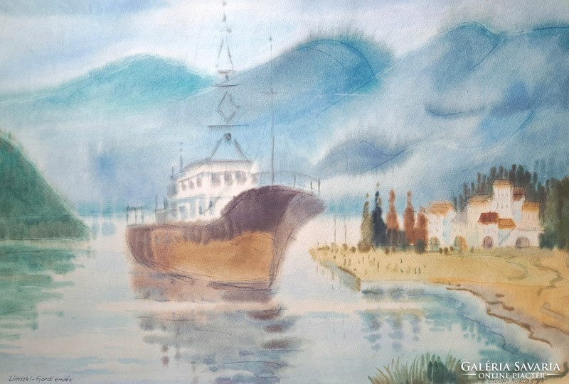 Osváth Miklós: Limski-fjord hajóval (nagyméretű akvarell) 1989, Horvátország, Isztria, Lim-öböl