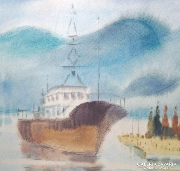Osváth Miklós: Limski-fjord hajóval (nagyméretű akvarell) 1989, Horvátország, Isztria, Lim-öböl
