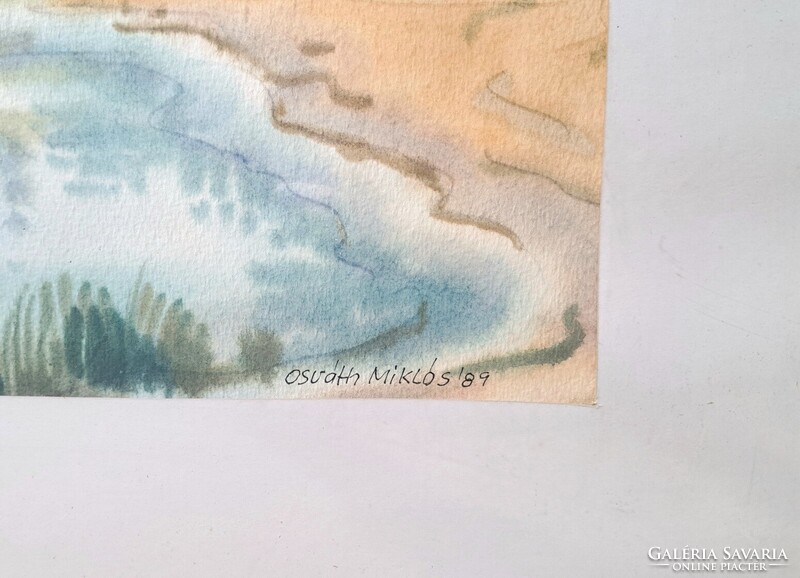 Osváth Miklós: Limski-fjord hajóval (nagyméretű akvarell) 1989, Horvátország, Isztria, Lim-öböl