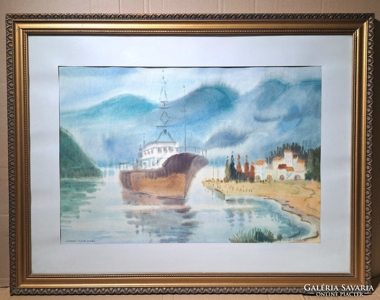 Osváth Miklós: Limski-fjord hajóval (nagyméretű akvarell) 1989, Horvátország, Isztria, Lim-öböl