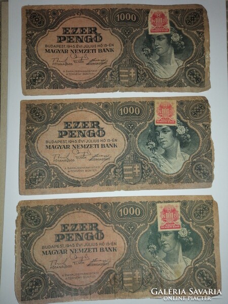 3 db Ezer pengő 1945, sérült
