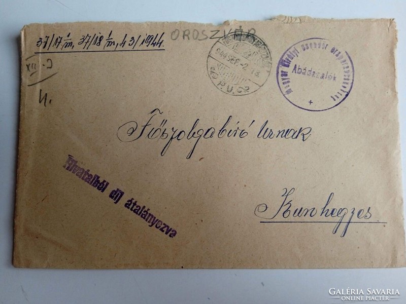 D203756 M.kir. csendőrség őrsparancsnoksága ABÁDSZALÓK -  1944  levélboríték  Kunhegyes