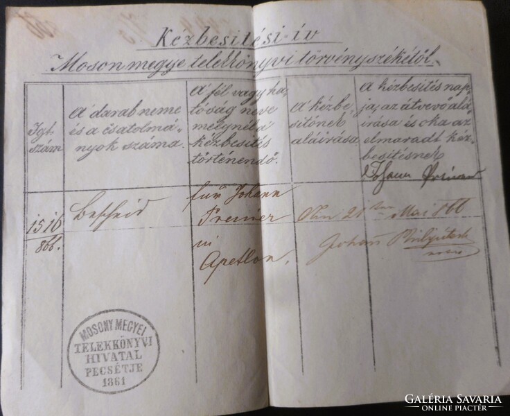 2 db antik kézbesítési ív (Moson megye 1866, Baja 1885)