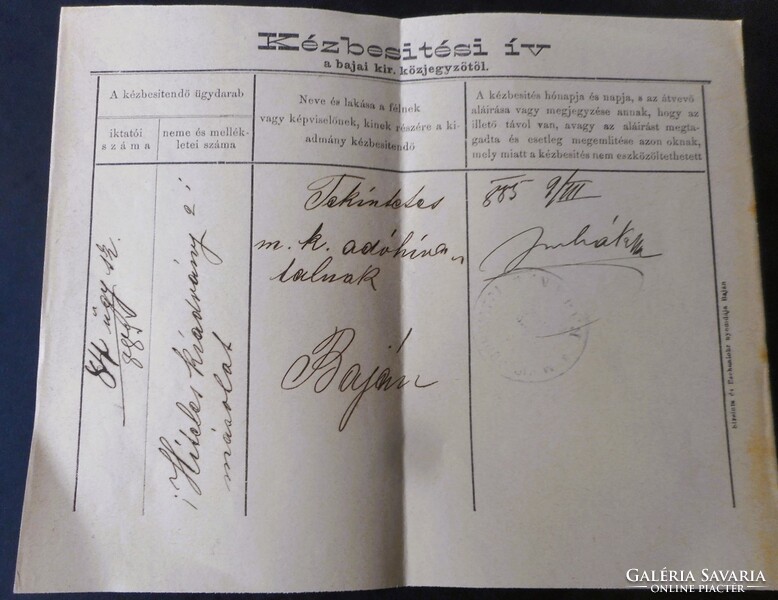 2 db antik kézbesítési ív (Moson megye 1866, Baja 1885)