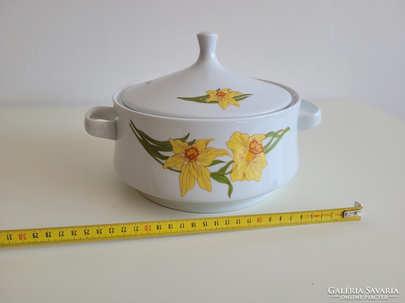 Régi retro nárcisz mintás Alföldi porcelán leveses tál fedeles virágos kínáló füles tál