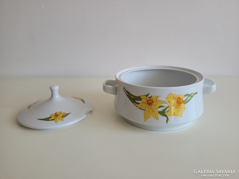 Régi retro nárcisz mintás Alföldi porcelán leveses tál fedeles virágos kínáló füles tál