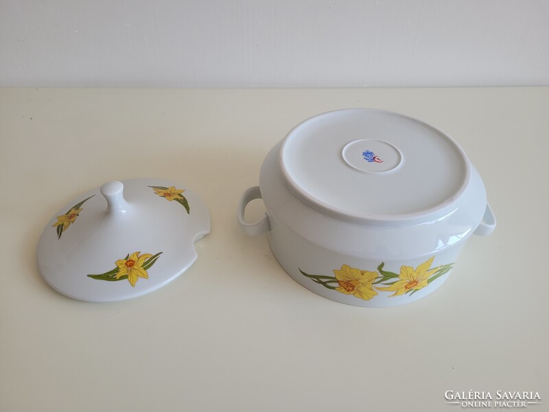 Régi retro nárcisz mintás Alföldi porcelán leveses tál fedeles virágos kínáló füles tál