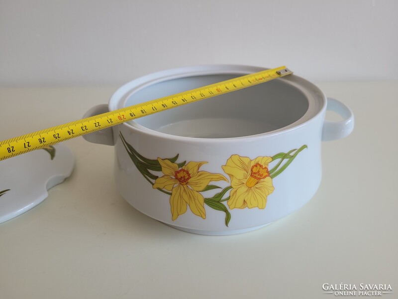 Régi retro nárcisz mintás Alföldi porcelán leveses tál fedeles virágos kínáló füles tál