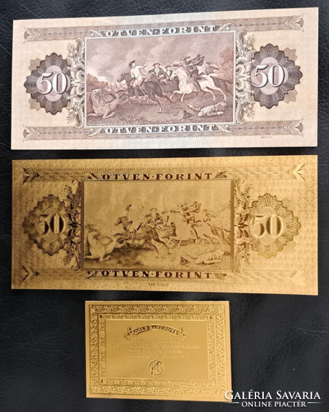 Certifikációval, aranyozott 50 forint bankjegy, replika, és a modellje