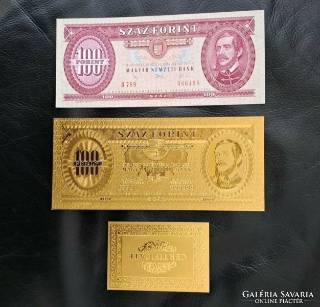 Certifikációval, aranyozott 100 forint bankjegy, replika, és a modellje