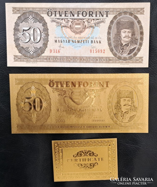 Certifikációval, aranyozott 50 forint bankjegy, replika, és a modellje
