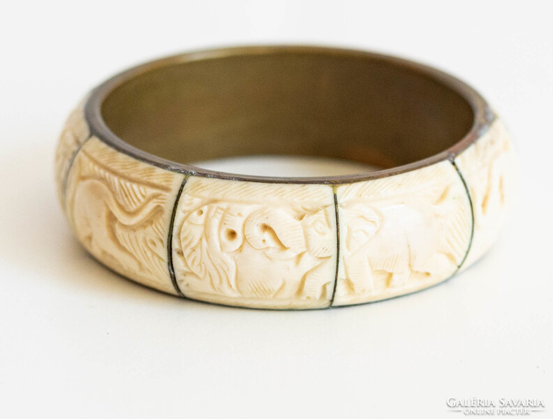 Vintage réz karperec faragott csont betétekkel - karkötő, karék, ékszer - etno ethno folk art goa