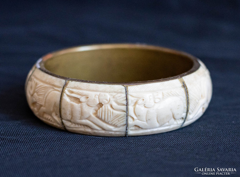 Vintage réz karperec faragott csont betétekkel - karkötő, karék, ékszer - etno ethno folk art goa