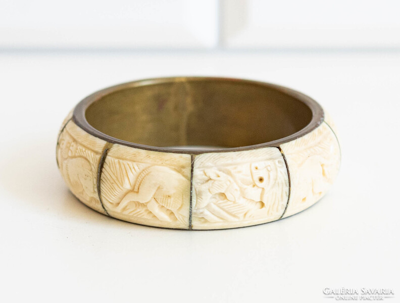 Vintage réz karperec faragott csont betétekkel - karkötő, karék, ékszer - etno ethno folk art goa