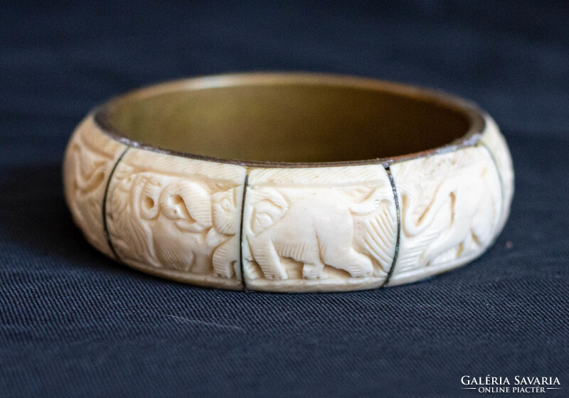 Vintage réz karperec faragott csont betétekkel - karkötő, karék, ékszer - etno ethno folk art goa