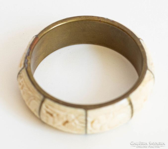 Vintage réz karperec faragott csont betétekkel - karkötő, karék, ékszer - etno ethno folk art goa