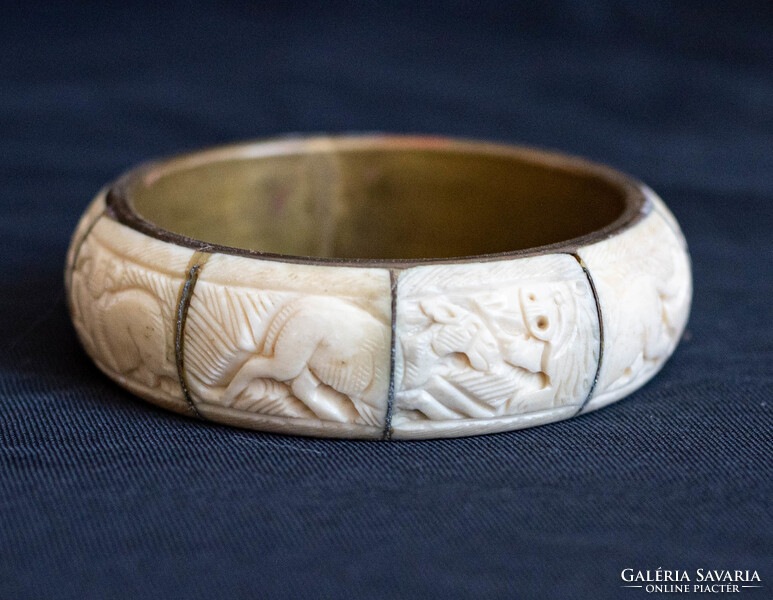 Vintage réz karperec faragott csont betétekkel - karkötő, karék, ékszer - etno ethno folk art goa