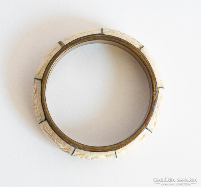 Vintage réz karperec faragott csont betétekkel - karkötő, karék, ékszer - etno ethno folk art goa