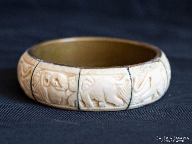 Vintage réz karperec faragott csont betétekkel - karkötő, karék, ékszer - etno ethno folk art goa