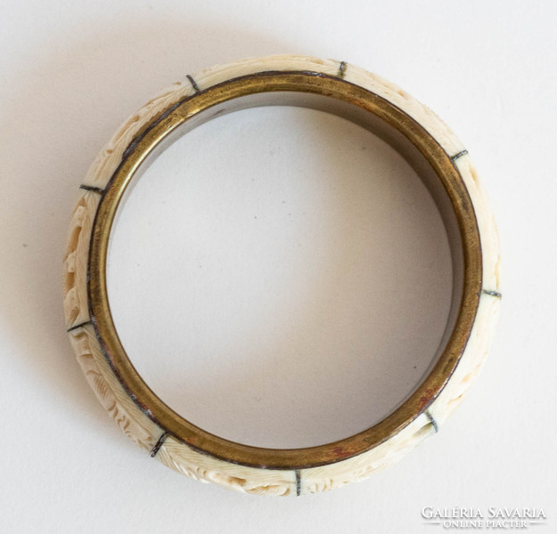 Vintage réz karperec faragott csont betétekkel - karkötő, karék, ékszer - etno ethno folk art goa