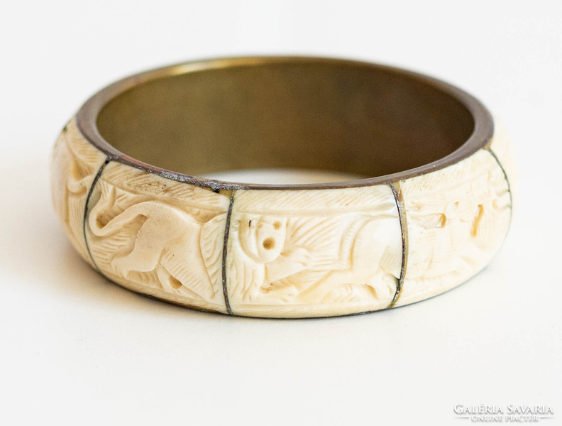 Vintage réz karperec faragott csont betétekkel - karkötő, karék, ékszer - etno ethno folk art goa