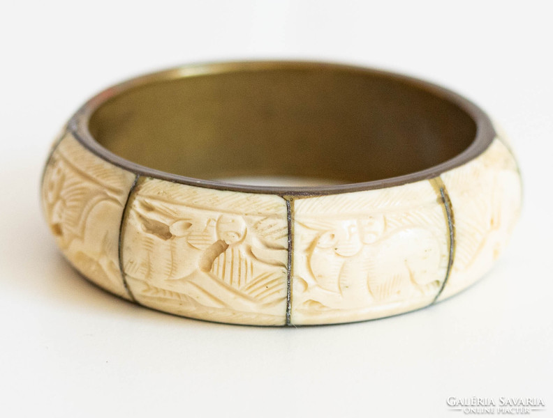 Vintage réz karperec faragott csont betétekkel - karkötő, karék, ékszer - etno ethno folk art goa