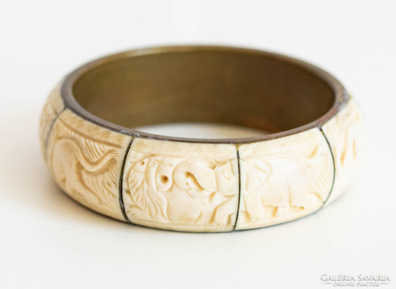 Vintage réz karperec faragott csont betétekkel - karkötő, karék, ékszer - etno ethno folk art goa