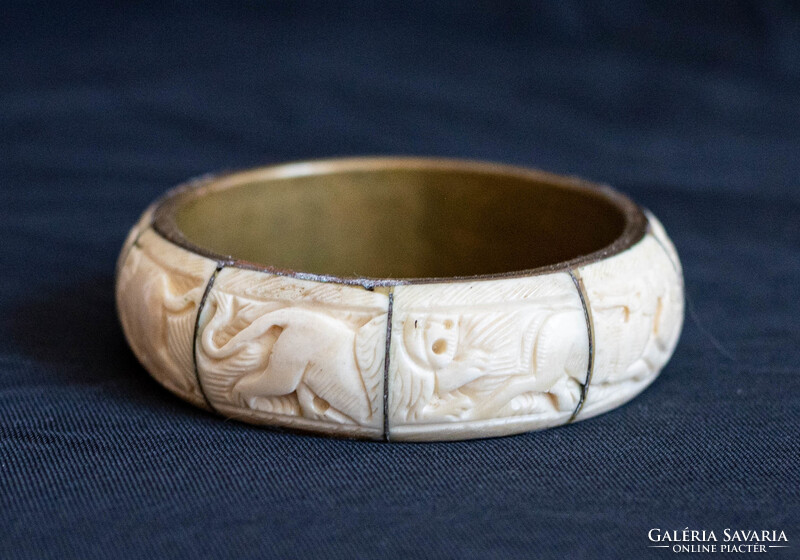 Vintage réz karperec faragott csont betétekkel - karkötő, karék, ékszer - etno ethno folk art goa