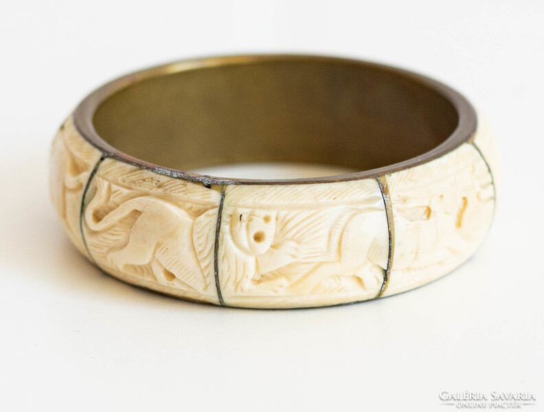 Vintage réz karperec faragott csont betétekkel - karkötő, karék, ékszer - etno ethno folk art goa