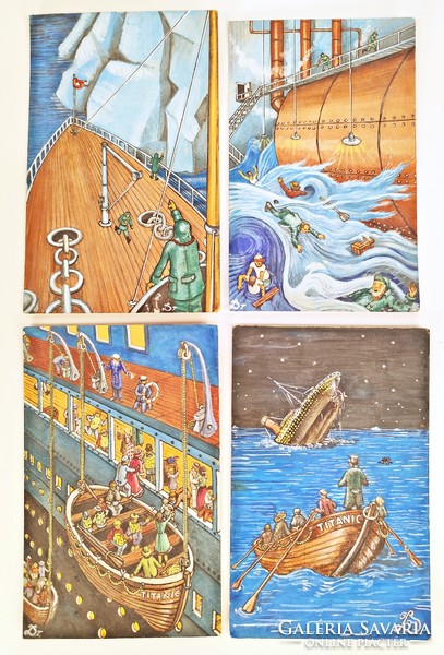 TITANIC, 4 DB. KISMÉRETŰ TEMPERÁVAL FESTETT KÉP A TITANIC KATASZTRÓFÁJÁRÓL !