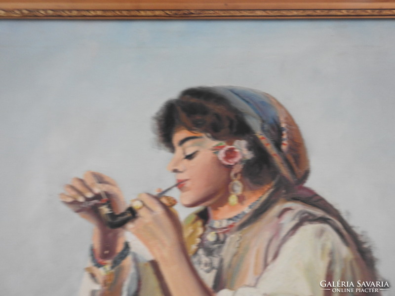 Barcsai Ferenc - Pipázó cigánylány - jelzett olaj / vászon festmény - nagy méret