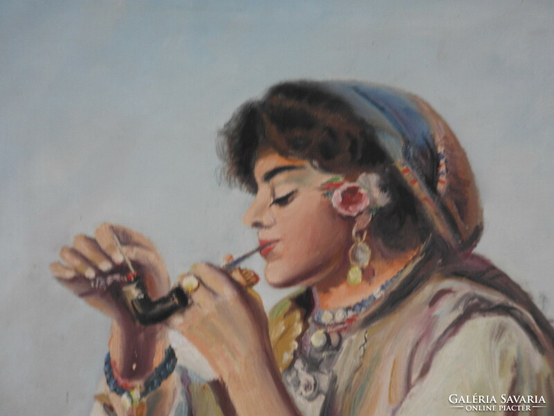 Barcsai Ferenc - Pipázó cigánylány - jelzett olaj / vászon festmény - nagy méret