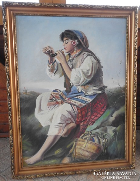 Barcsai Ferenc - Pipázó cigánylány - jelzett olaj / vászon festmény - nagy méret