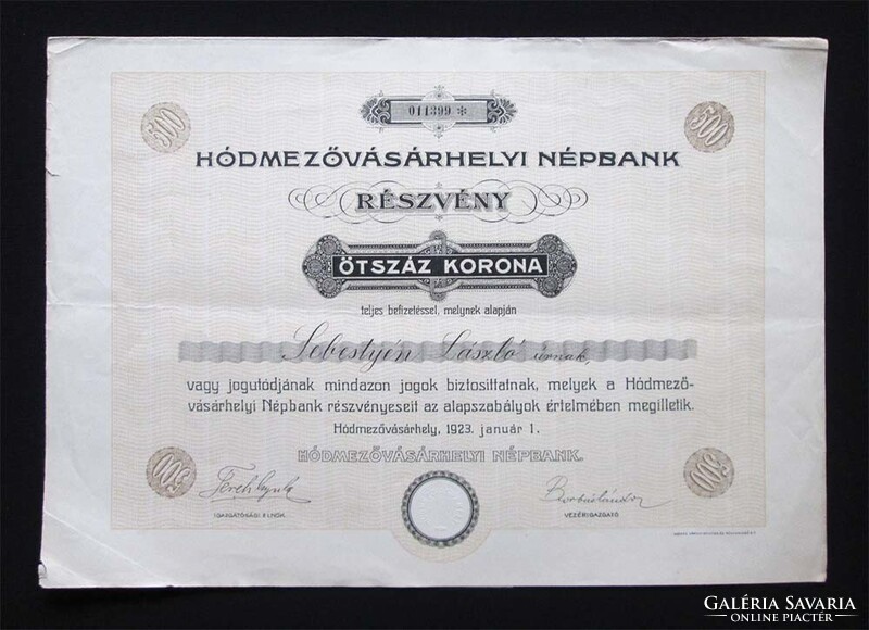 Hódmezővásárhelyi Népbank részvény 500 korona 1923