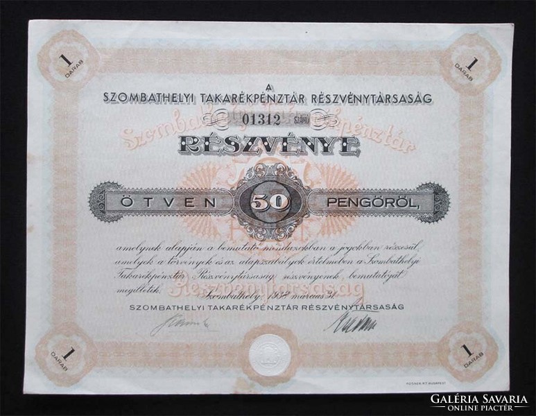 Szombathelyi Takarékpénztár részvény 50 pengő 1938 - Szombathely