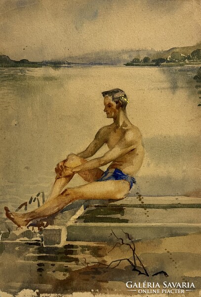 Závory Zoltán (1906-2000) Férfi kék fecskében, 1960  /számlát adunk/