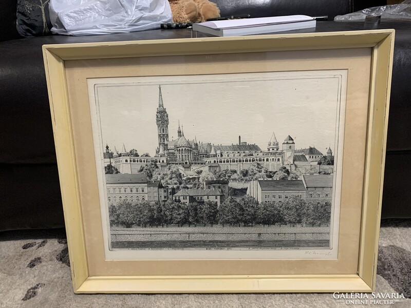 Rékassy Csaba (1937-1989): Buda víziváros 1972 rézkarc, Művészileg ellenőrizve, képcsarnokos keret